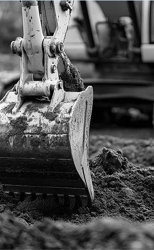 Construction equipment shovel breaking ground.