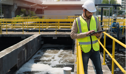 Man using tablet device at a wastewater treatment facility